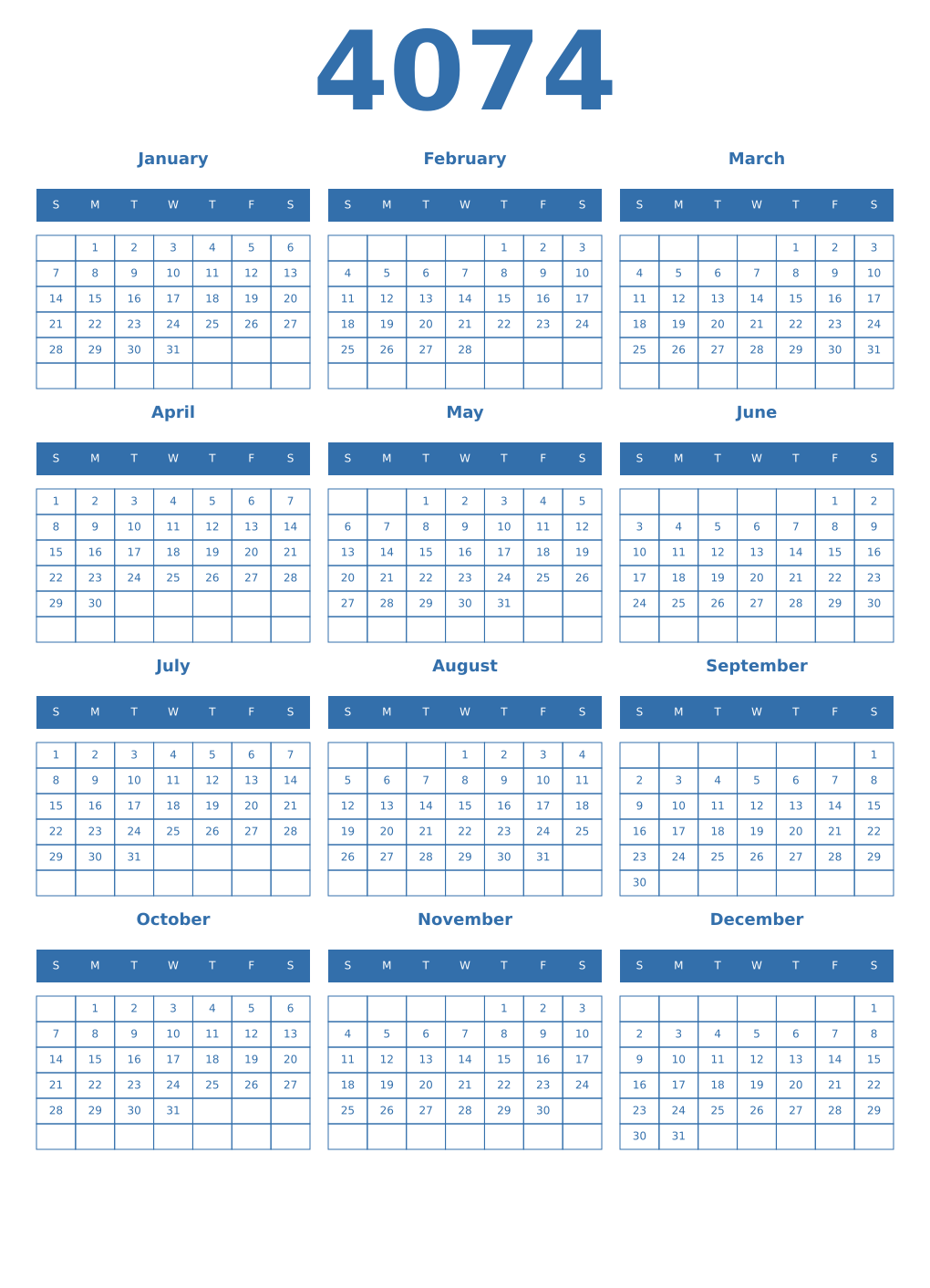 Printable 4074 Year Calendars blue