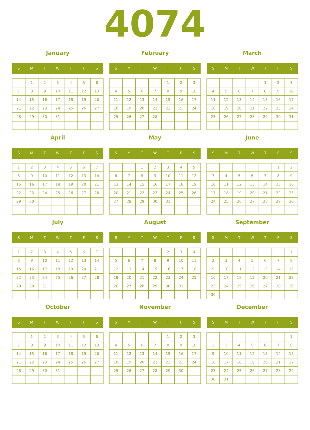 Printable 4074 Year Calendars chartreuse