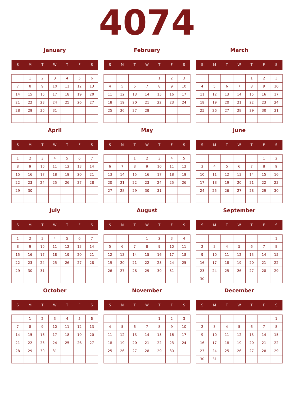Printable 4074 Year Calendars falu