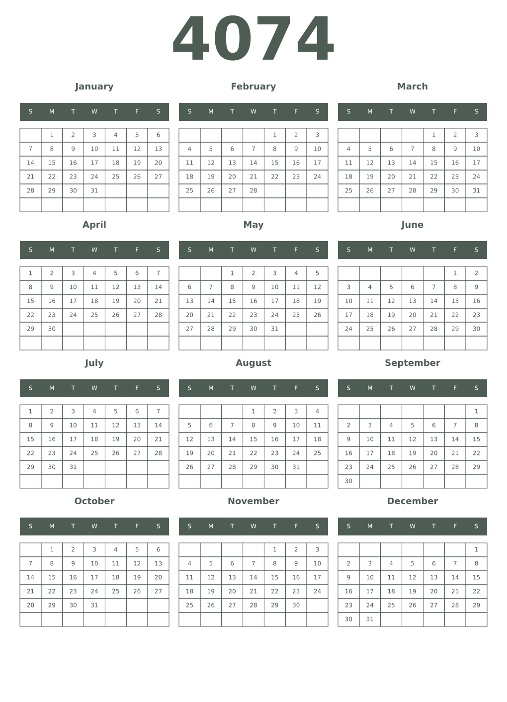 Printable 4074 Year Calendars feldgrau