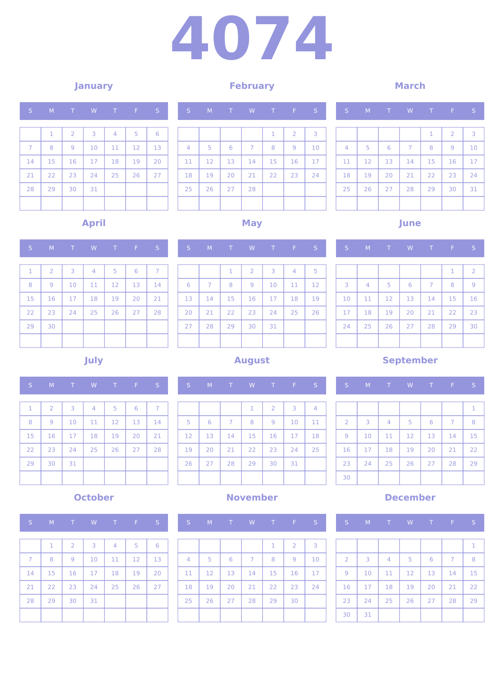 Printable 4074 Year Calendars periwinkle