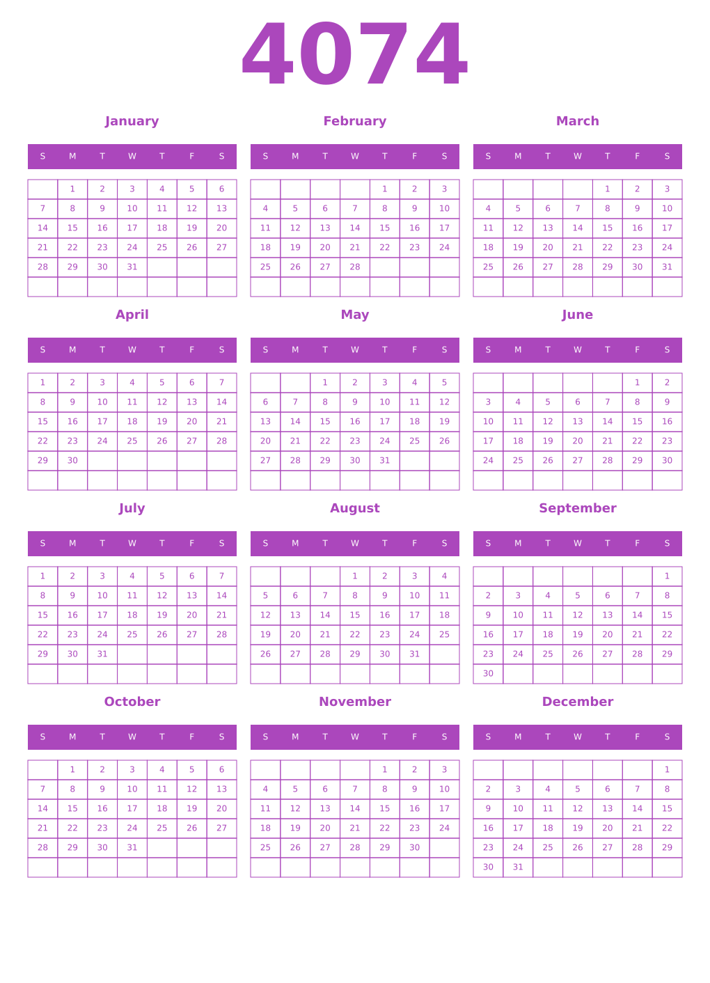 Printable 4074 Year Calendars purple