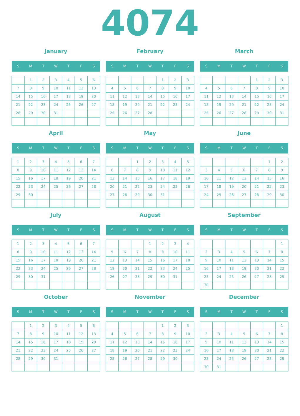Printable 4074 Year Calendars verdigris