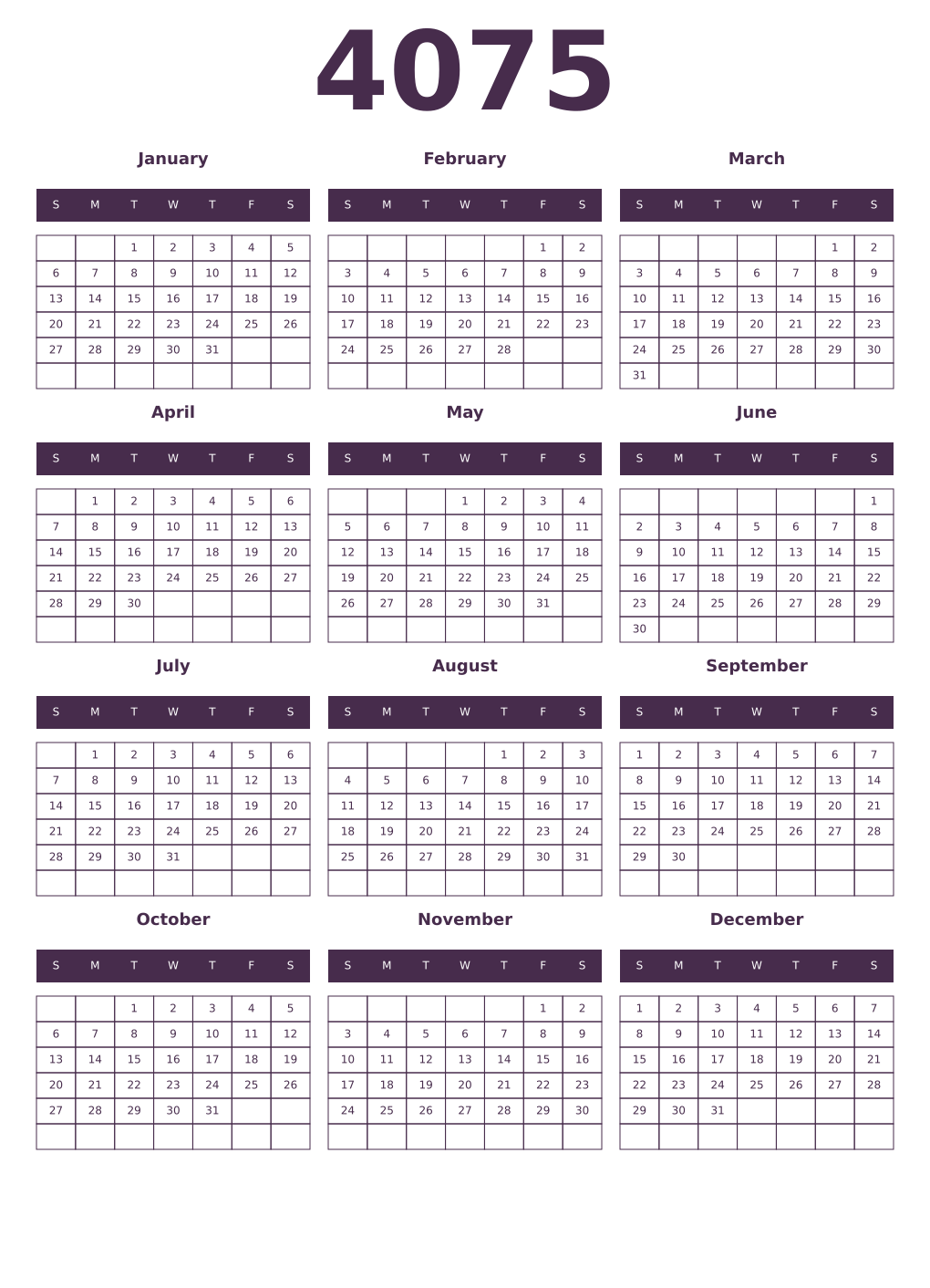 Printable 4075 Year Calendars aubergine