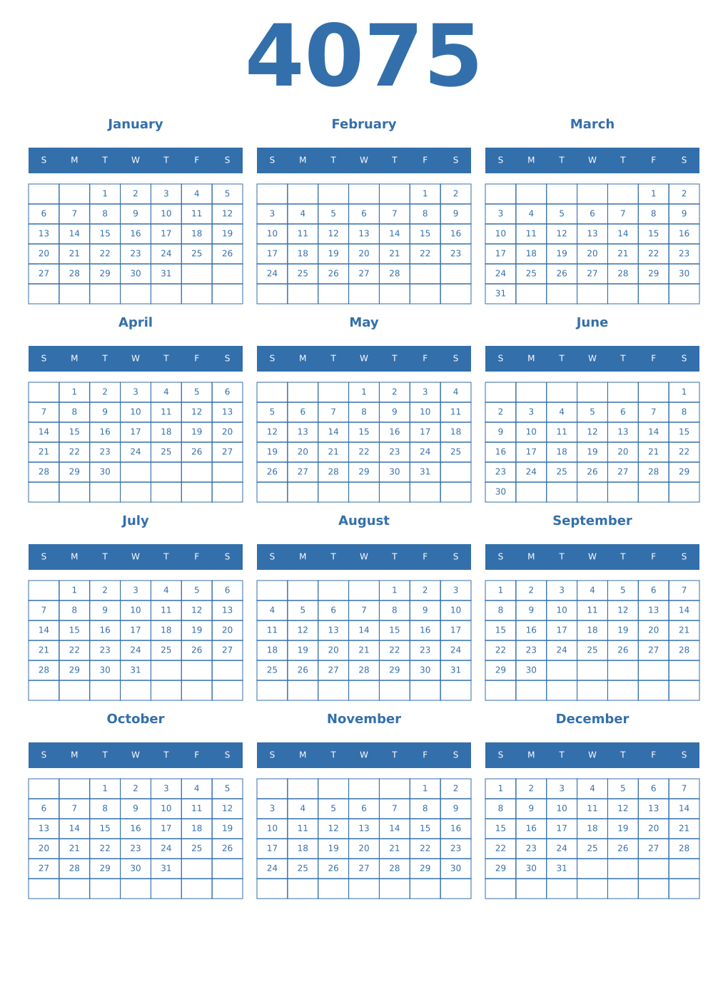 Printable 4075 Year Calendars blue