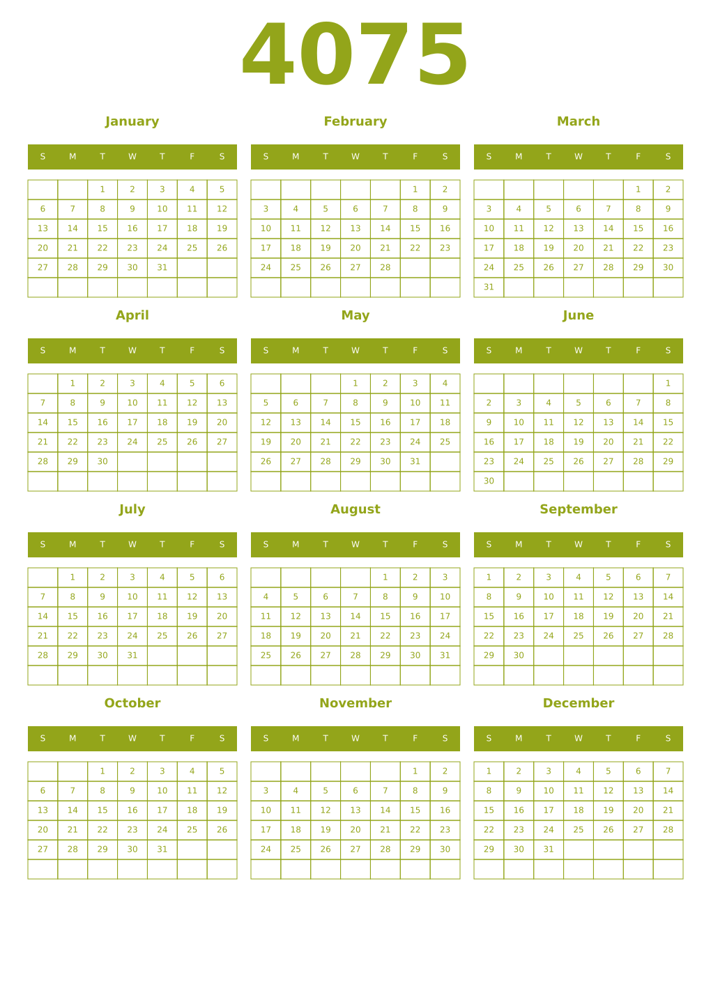 Printable 4075 Year Calendars chartreuse