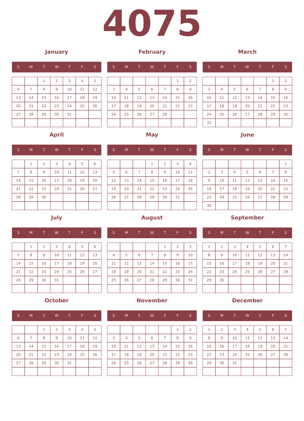 Printable 4075 Year Calendars cordovan