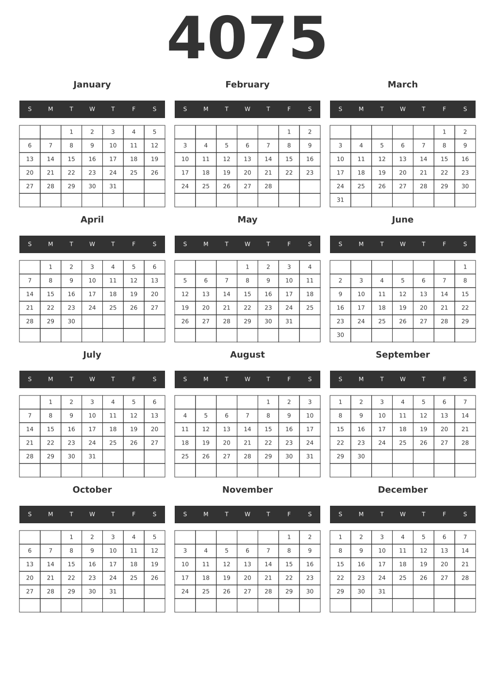 Printable 4075 Year Calendars dark