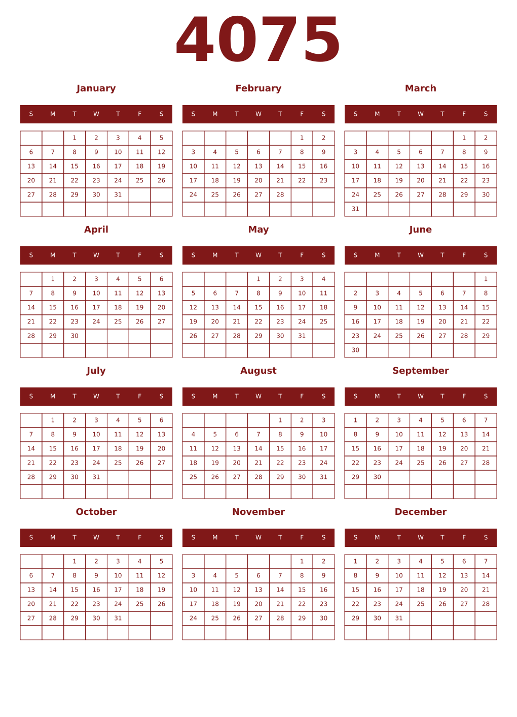 Printable 4075 Year Calendars falu