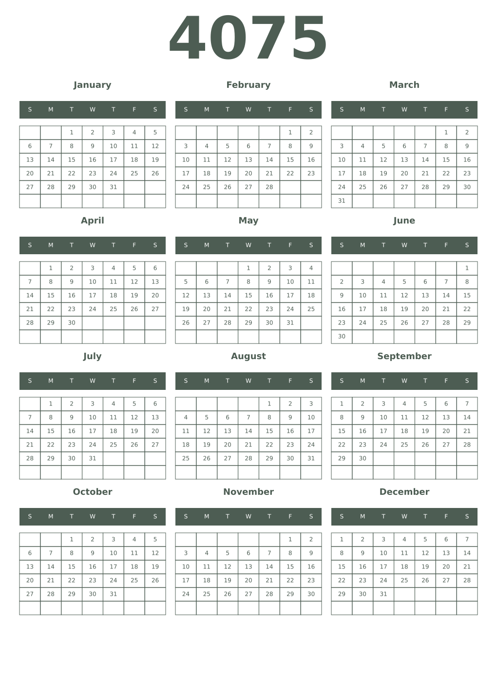 Printable 4075 Year Calendars feldgrau