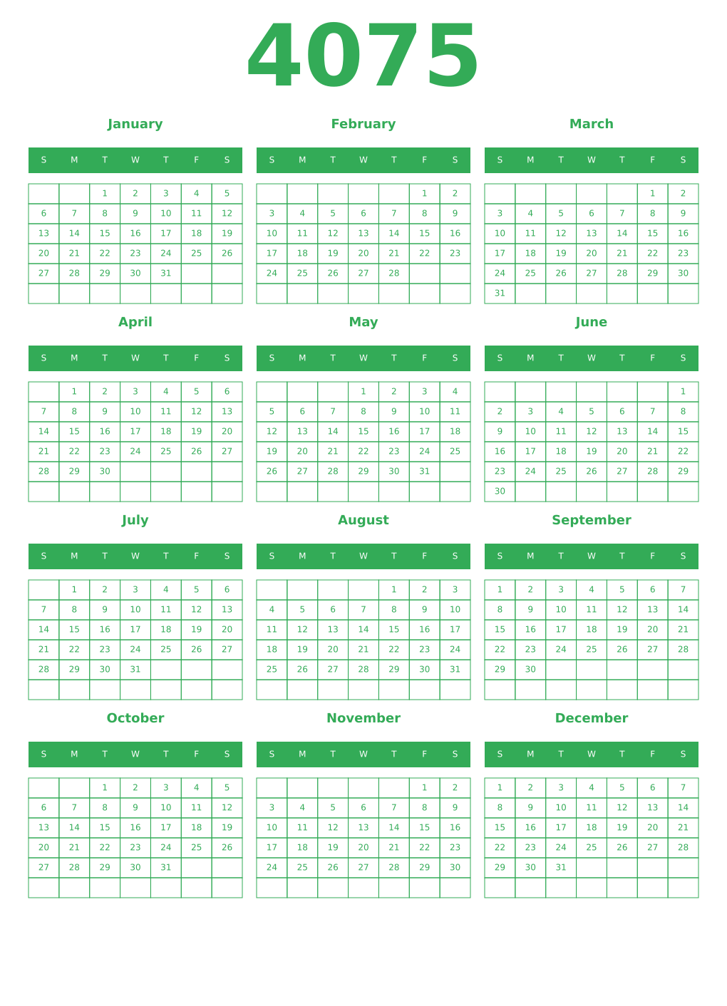 Printable 4075 Year Calendars green
