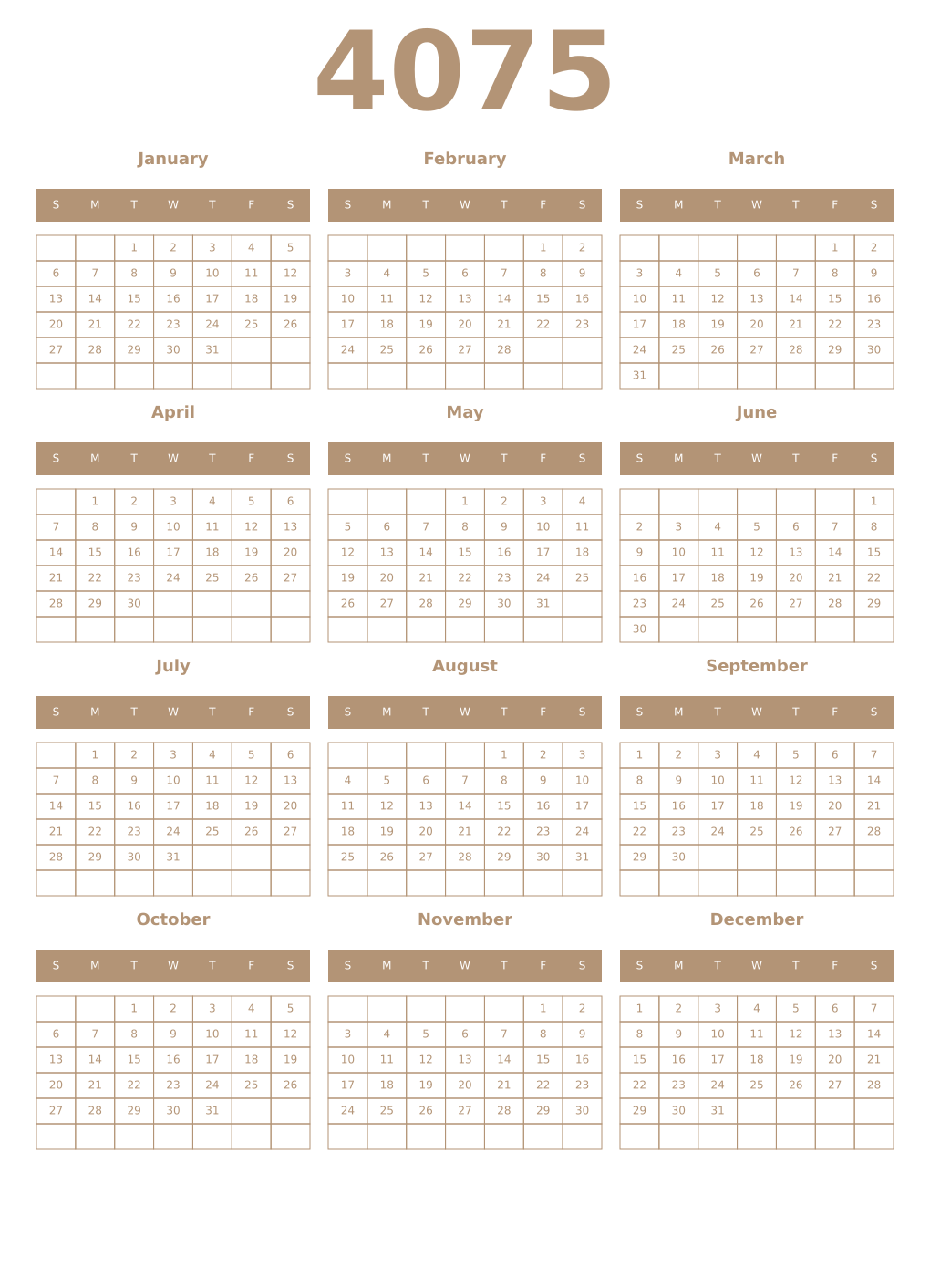 Printable 4075 Year Calendars isabelline