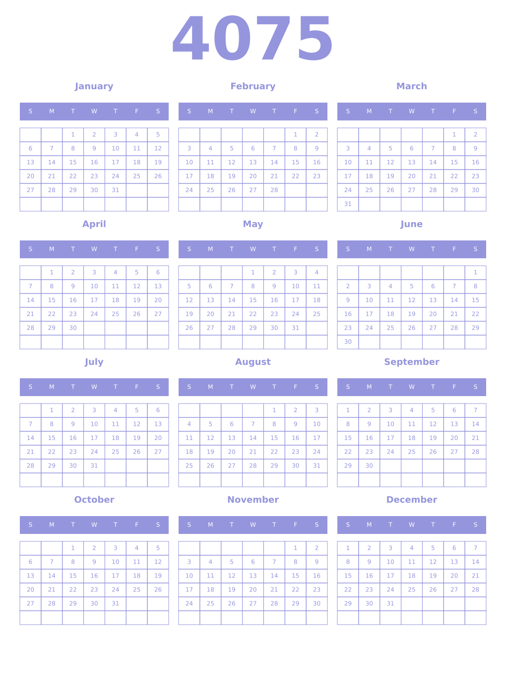 Printable 4075 Year Calendars periwinkle