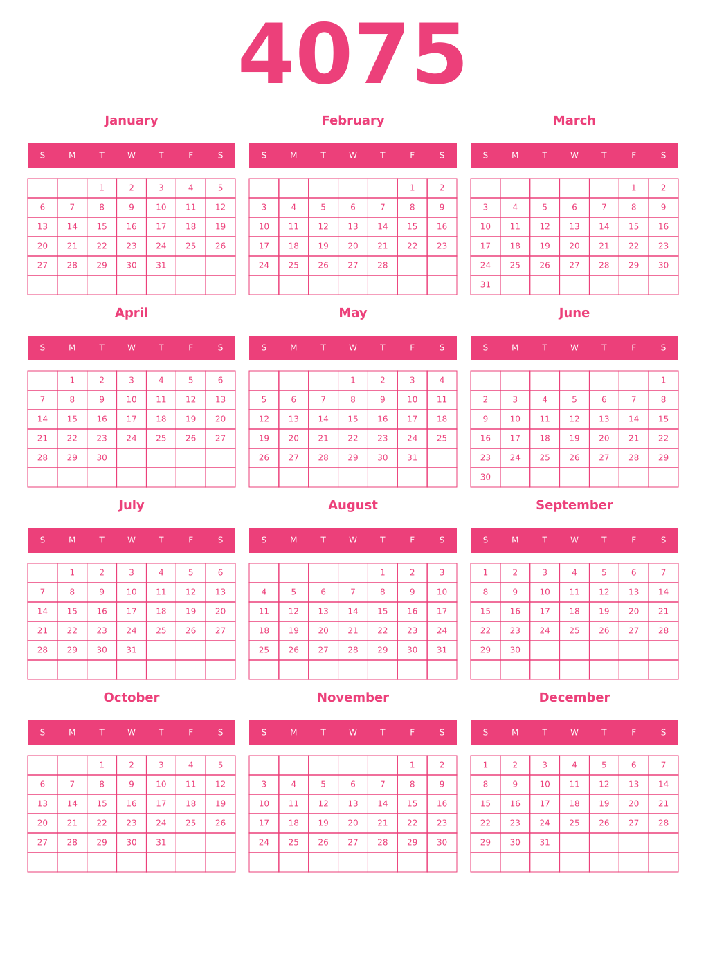 Printable 4075 Year Calendars pink