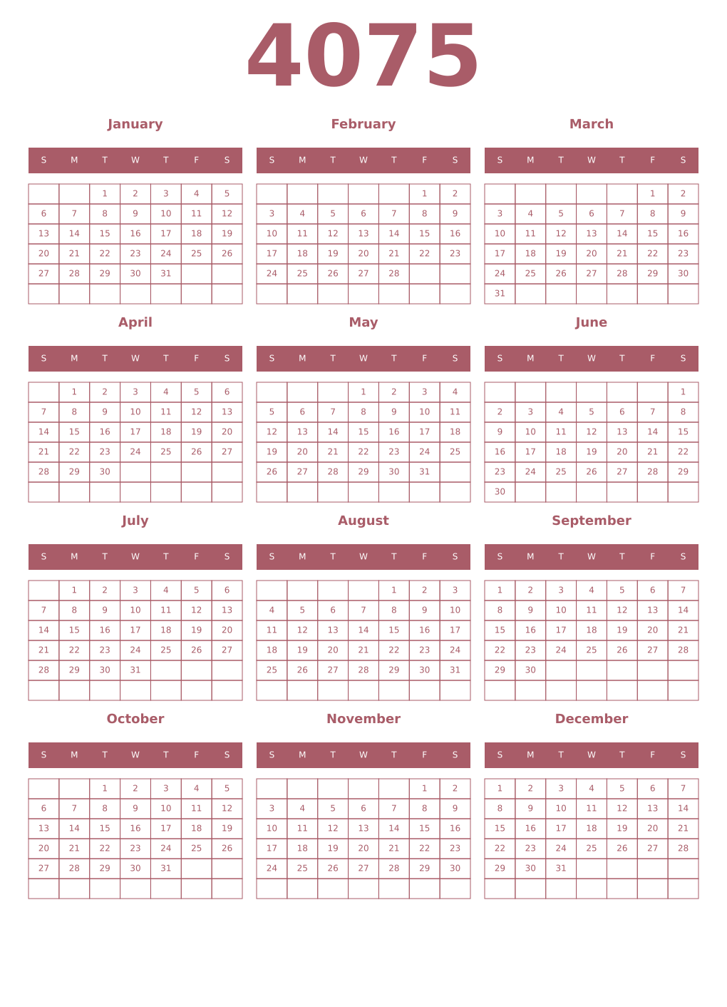 Printable 4075 Year Calendars puce