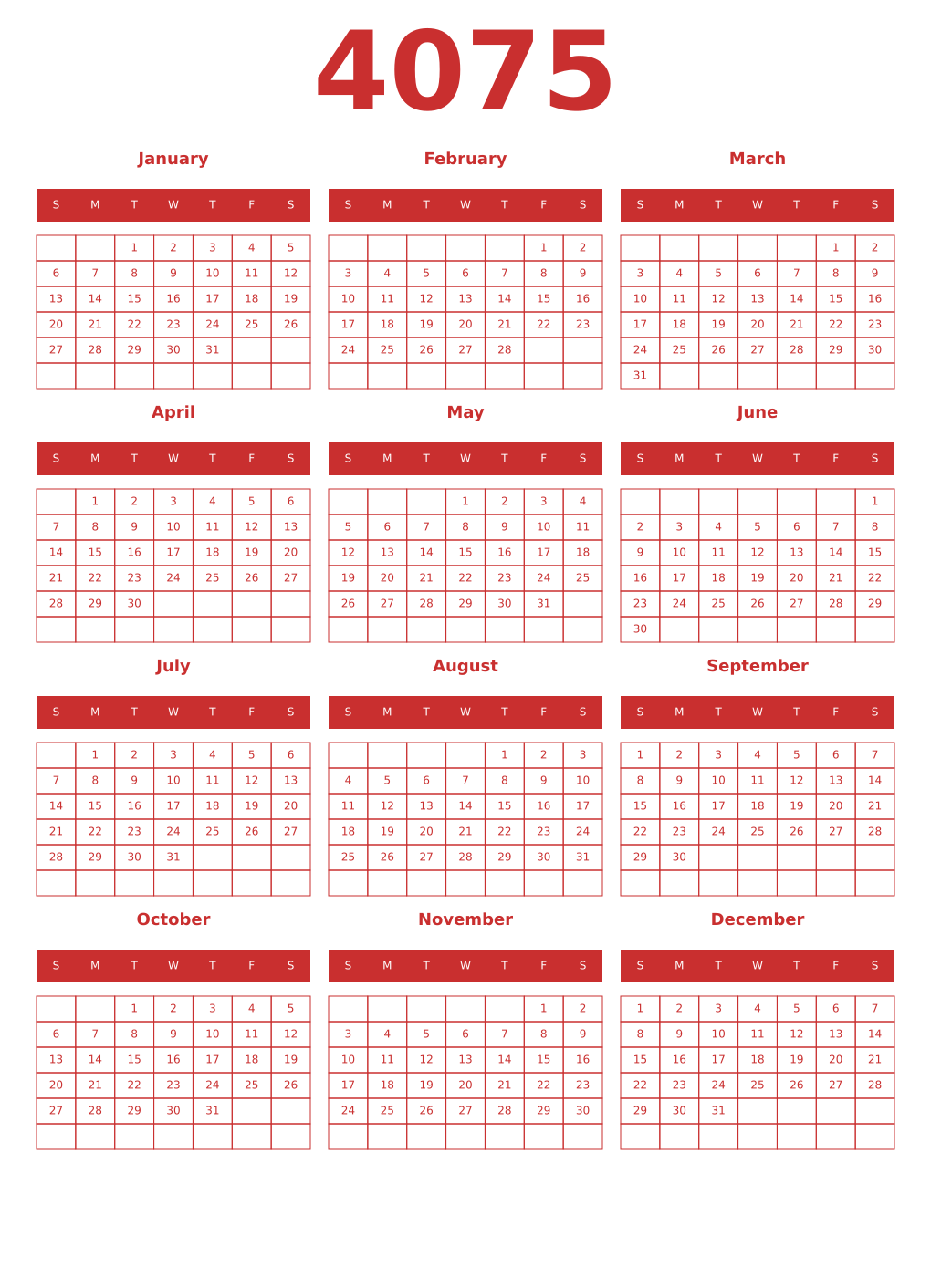Printable 4075 Year Calendars red