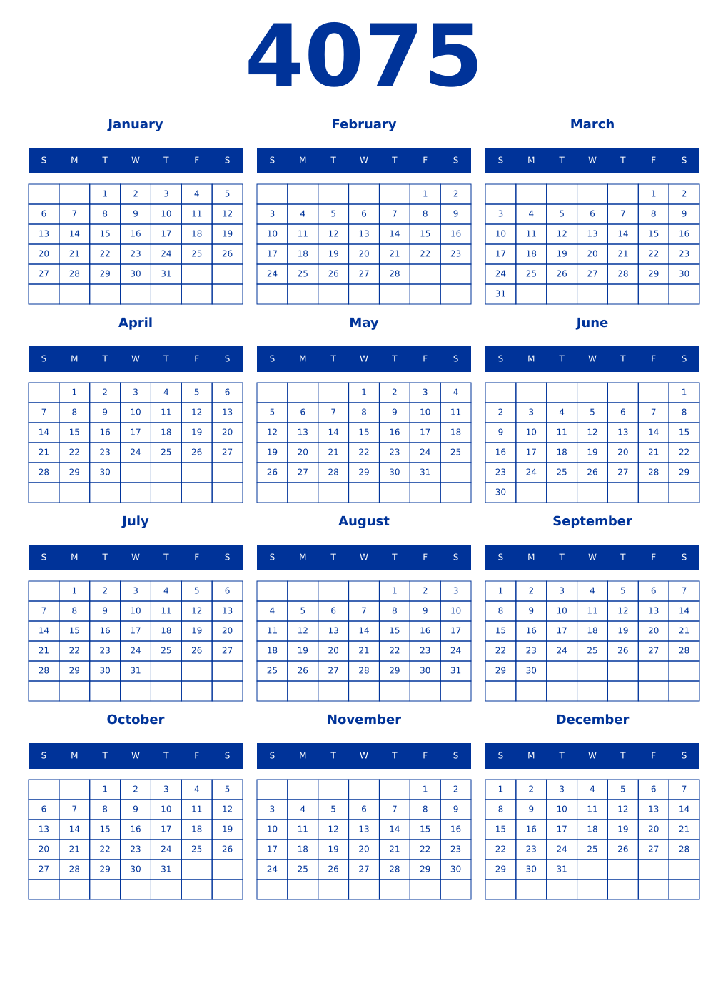 Printable 4075 Year Calendars smalt