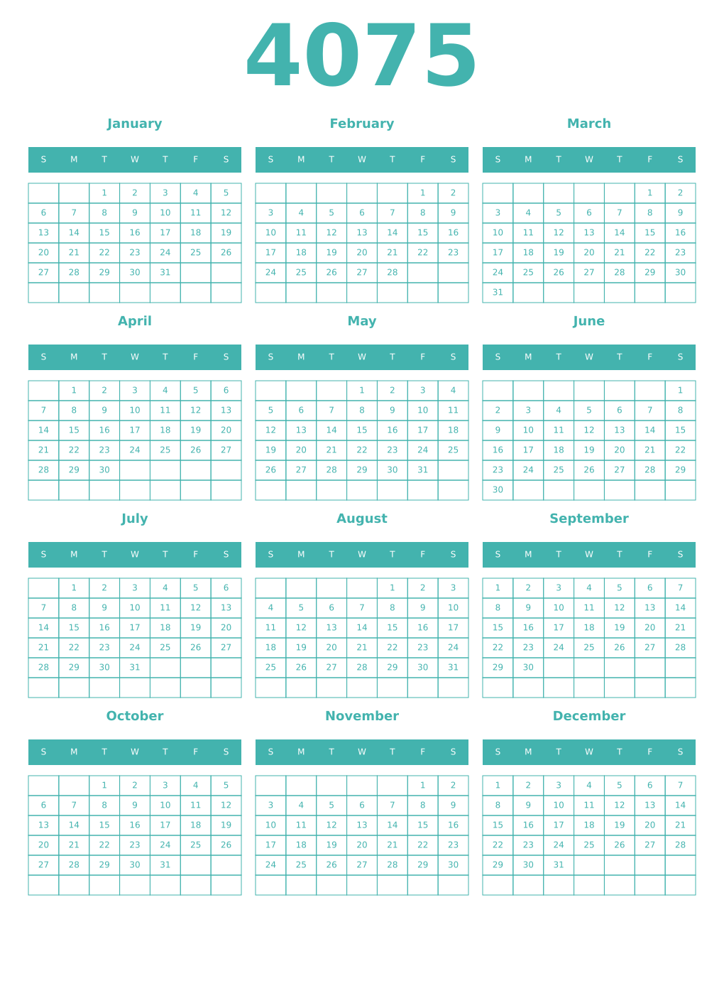 Printable 4075 Year Calendars verdigris