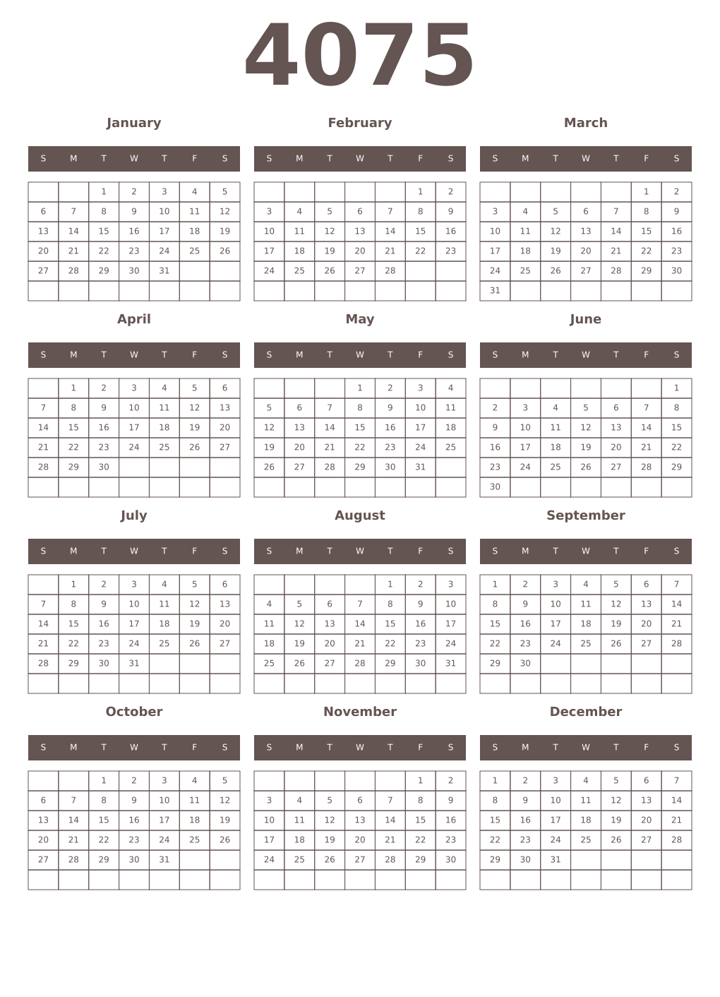 Printable 4075 Year Calendars wenge