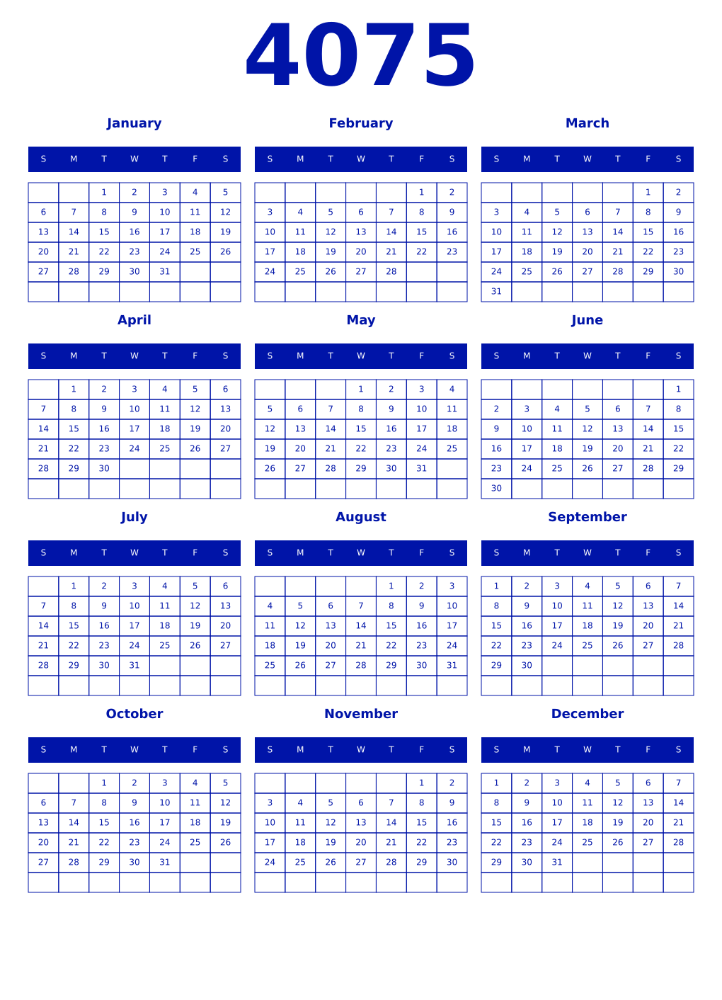 Printable 4075 Year Calendars zaffre