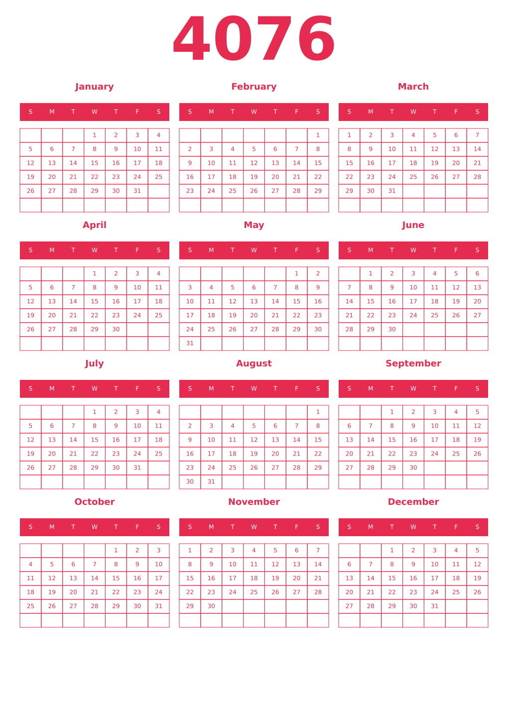 Printable 4076 Year Calendars amaranth