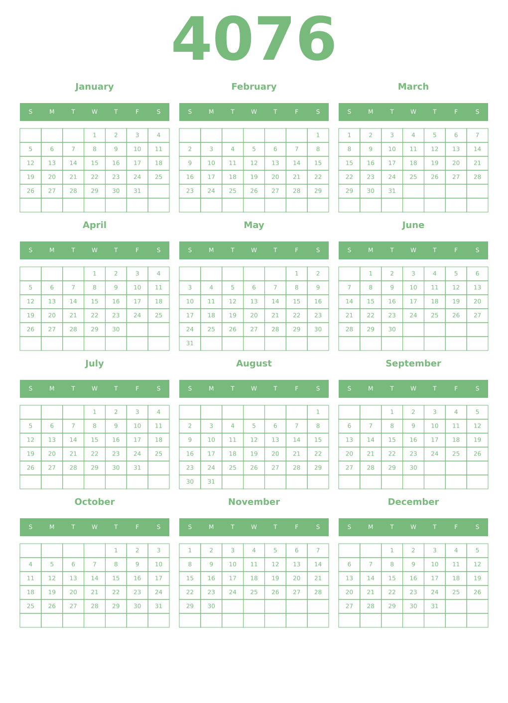 Printable 4076 Year Calendars celadon