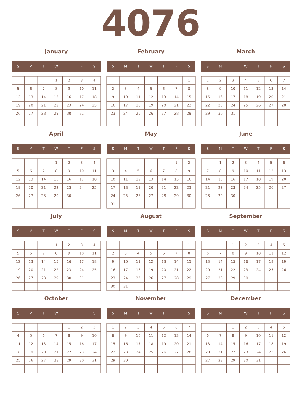 Printable 4076 Year Calendars coffe