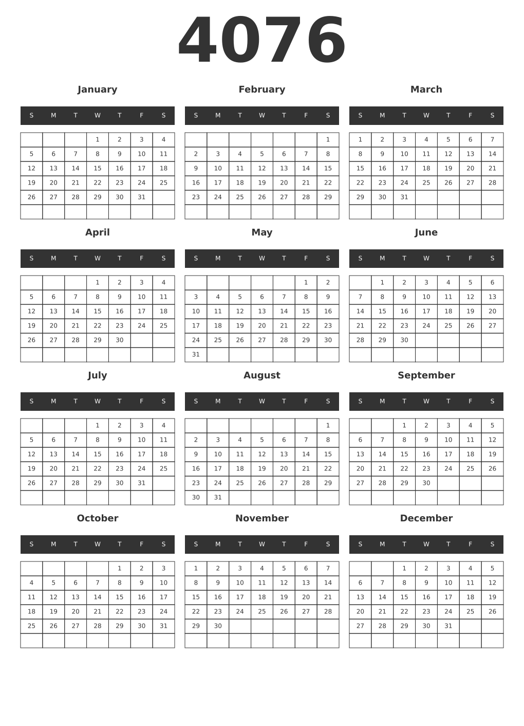 Printable 4076 Year Calendars dark