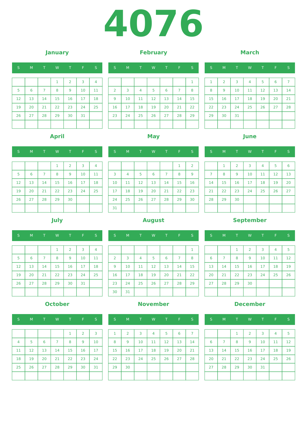 Printable 4076 Year Calendars green
