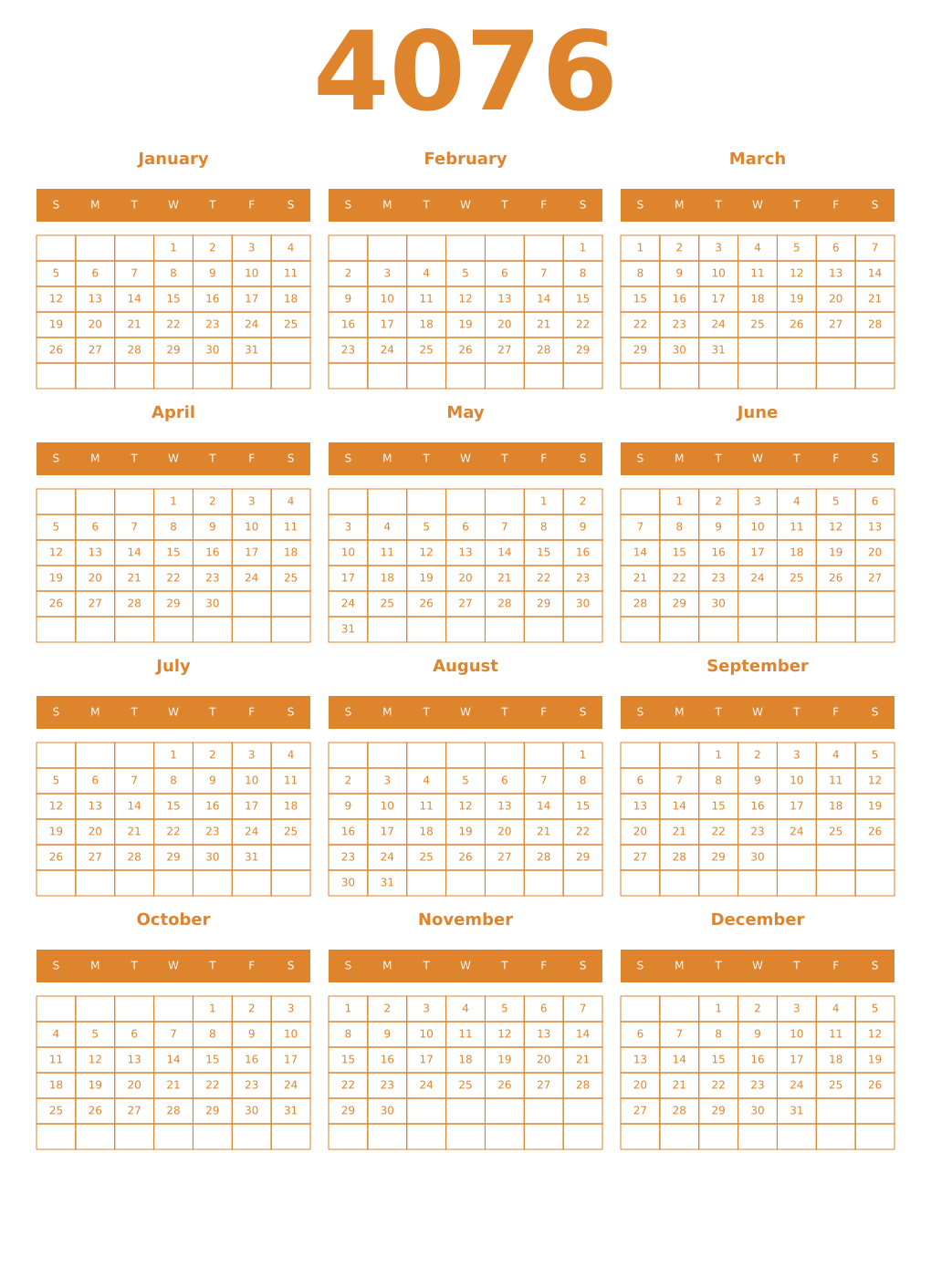 Printable 4076 Year Calendars orange