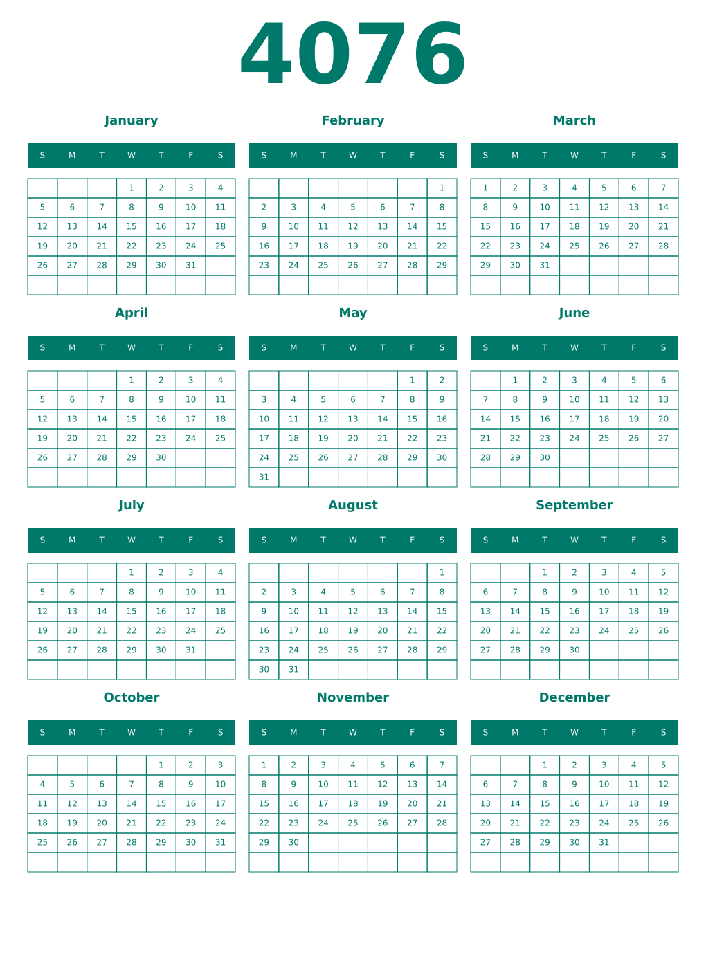 Printable 4076 Year Calendars pastel