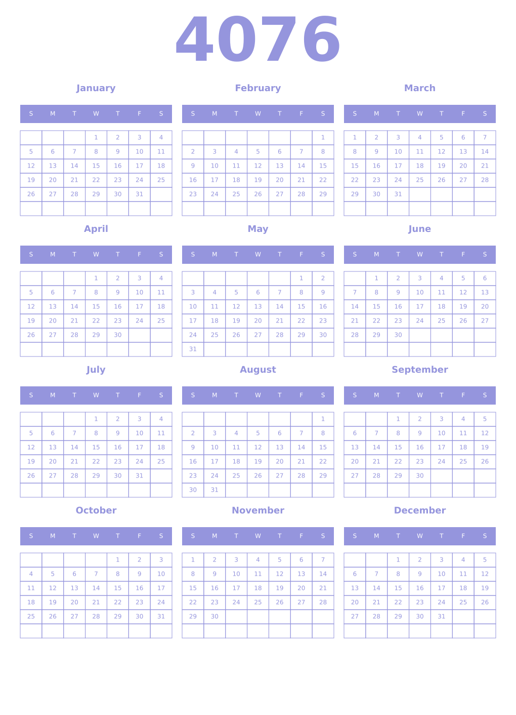 Printable 4076 Year Calendars periwinkle