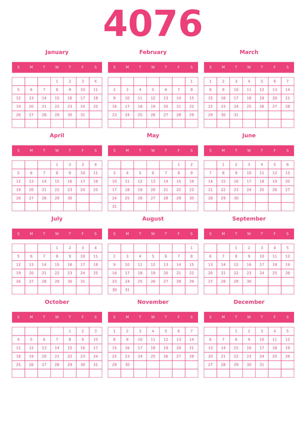 Printable 4076 Year Calendars pink