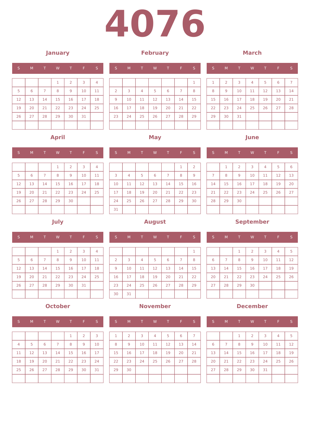 Printable 4076 Year Calendars puce