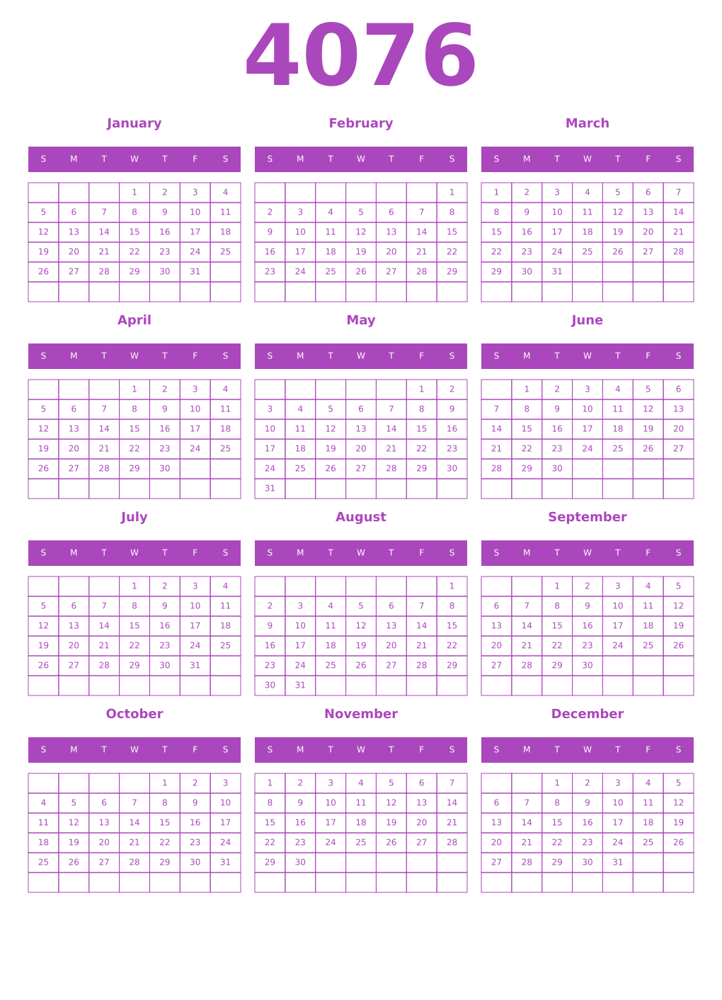 Printable 4076 Year Calendars purple