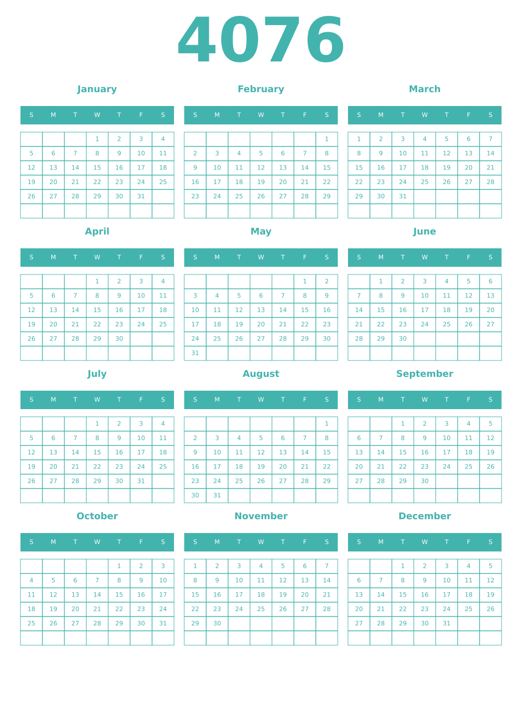 Printable 4076 Year Calendars verdigris