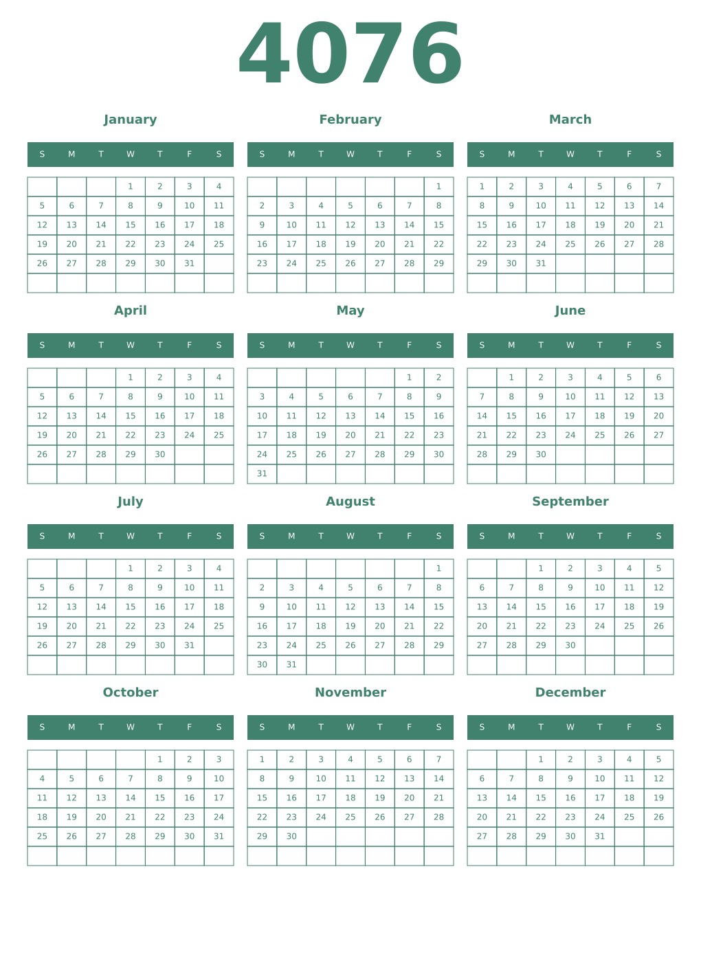 Printable 4076 Year Calendars viridian