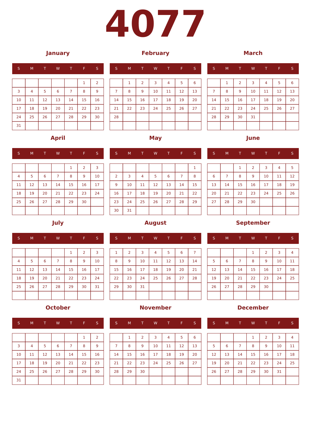 Printable 4077 Year Calendars falu