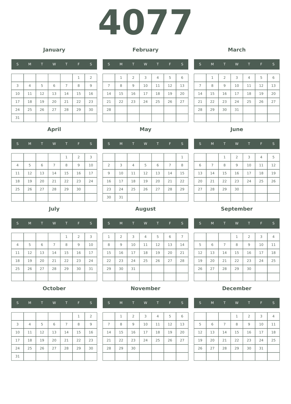 Printable 4077 Year Calendars feldgrau