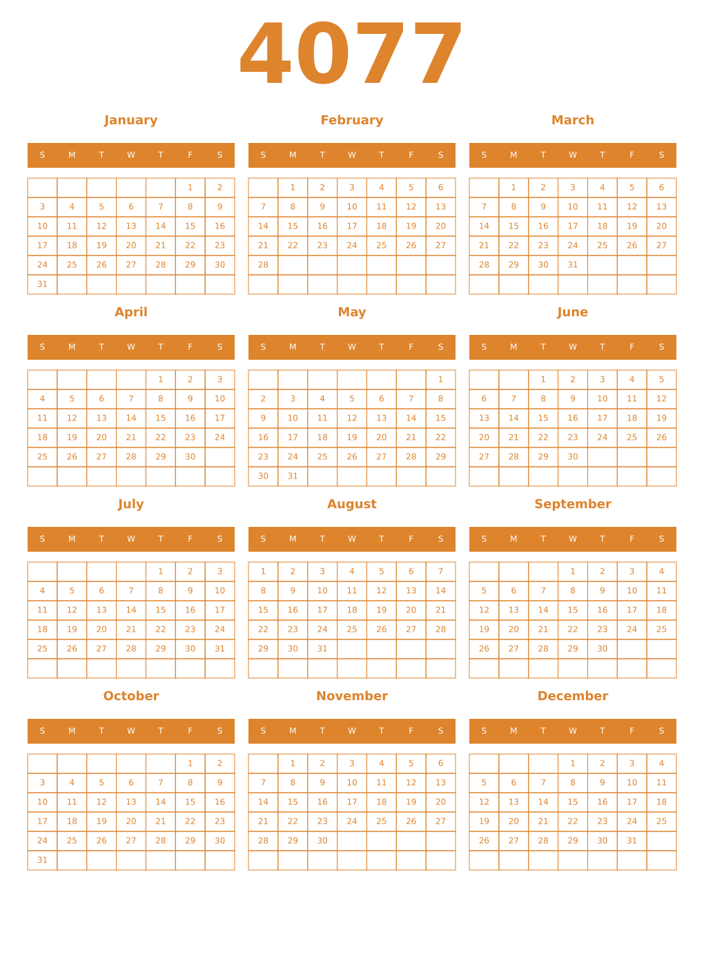 Printable 4077 Year Calendars orange