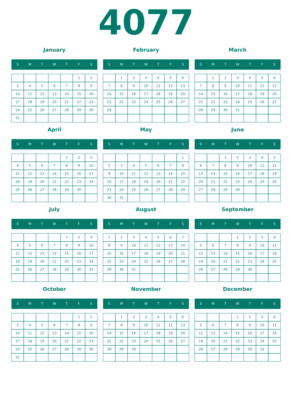Printable 4077 Year Calendars pastel