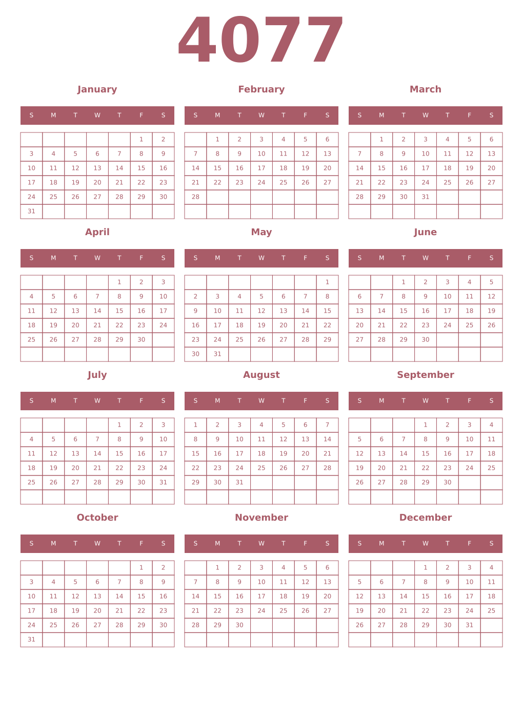 Printable 4077 Year Calendars puce
