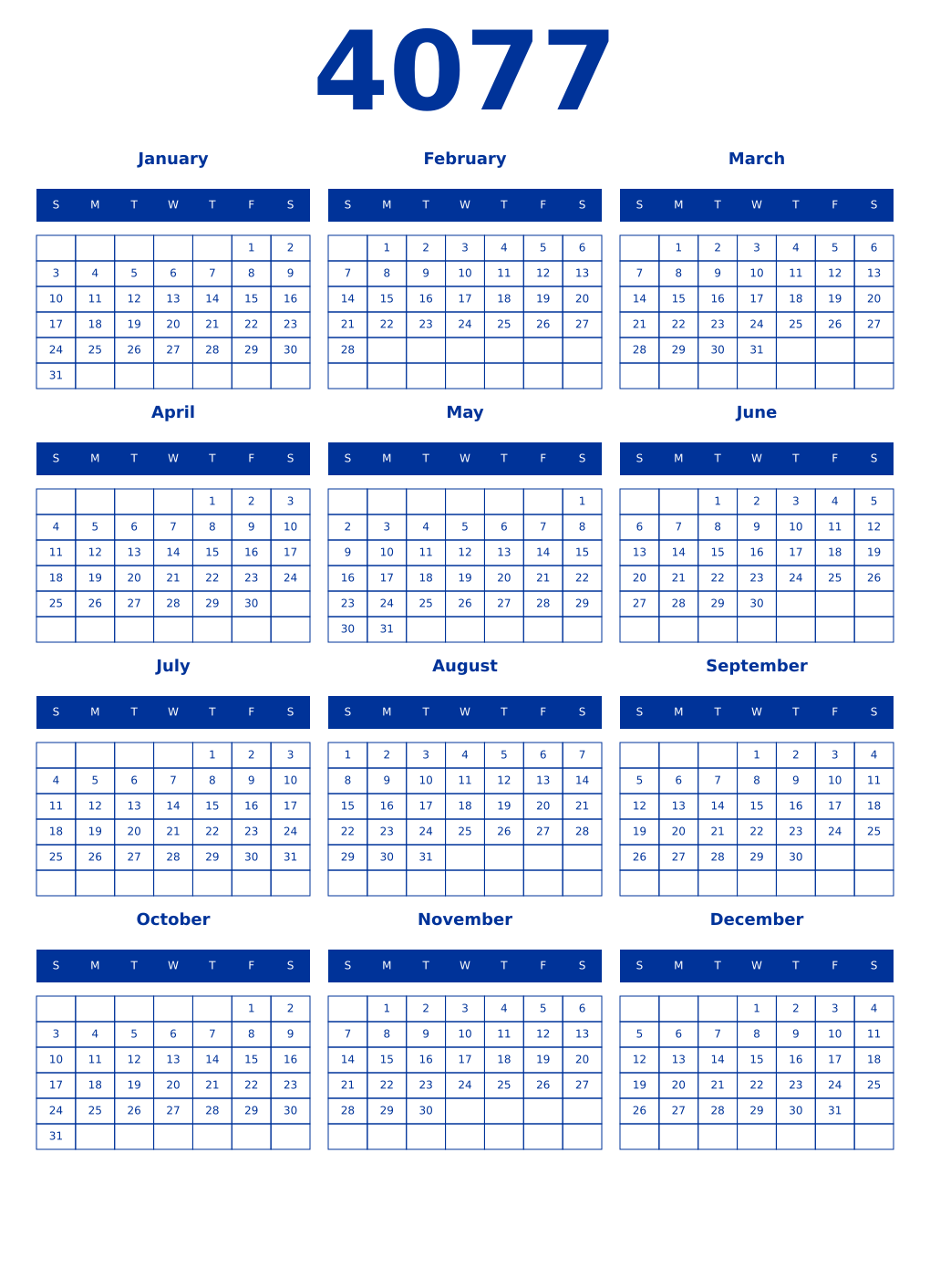 Printable 4077 Year Calendars smalt