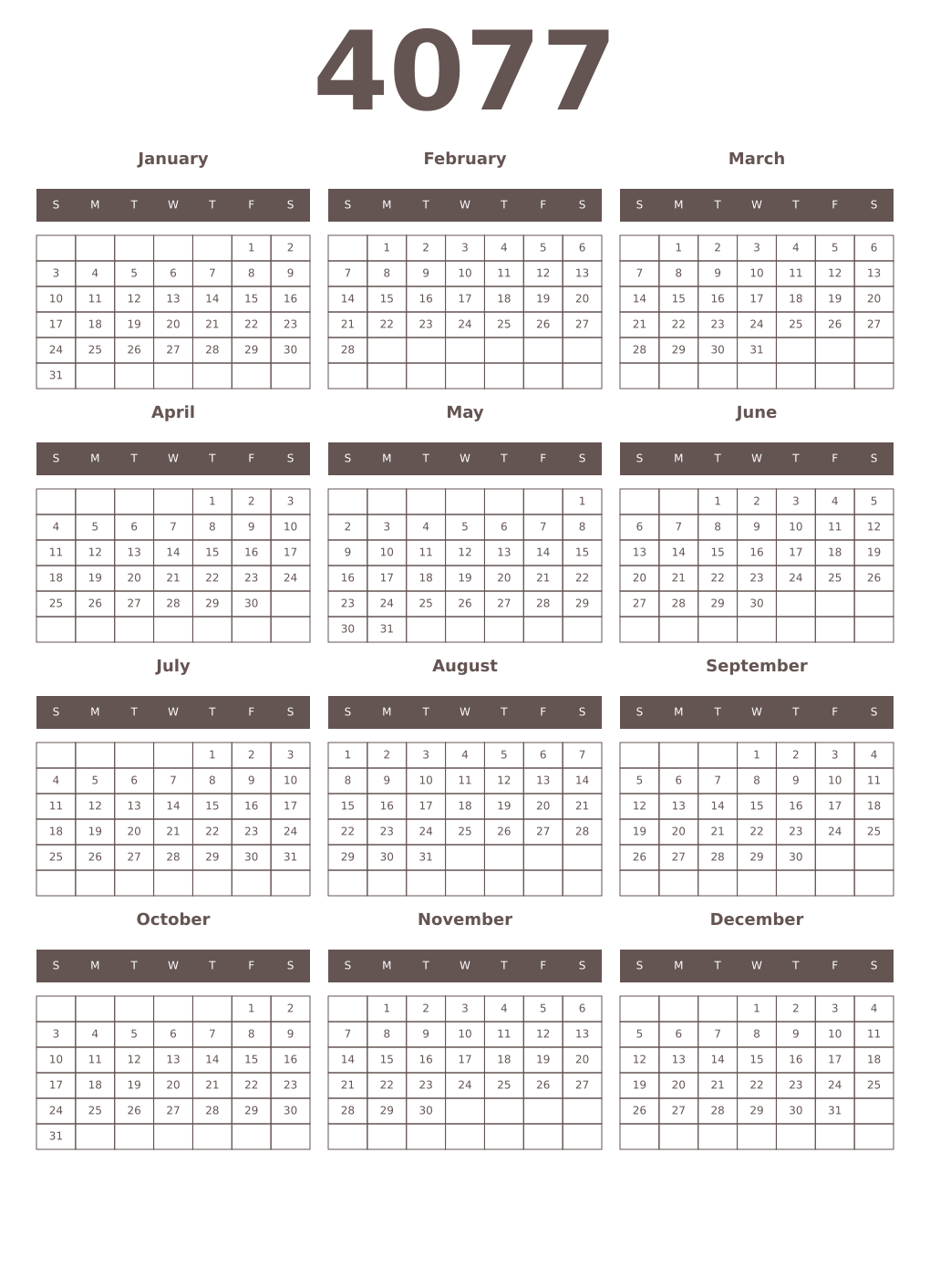 Printable 4077 Year Calendars wenge
