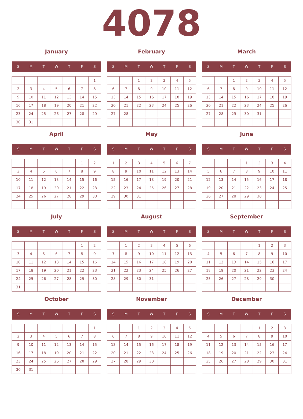 Printable 4078 Year Calendars cordovan