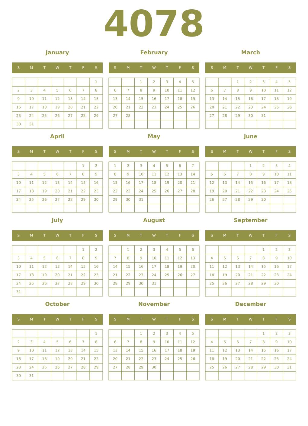 Printable 4078 Year Calendars eburnean
