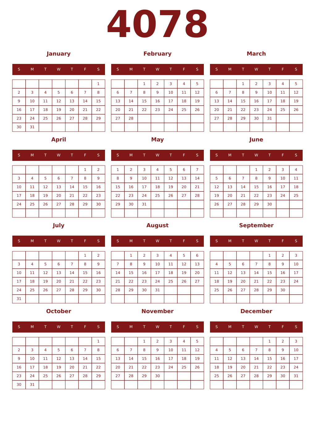 Printable 4078 Year Calendars falu