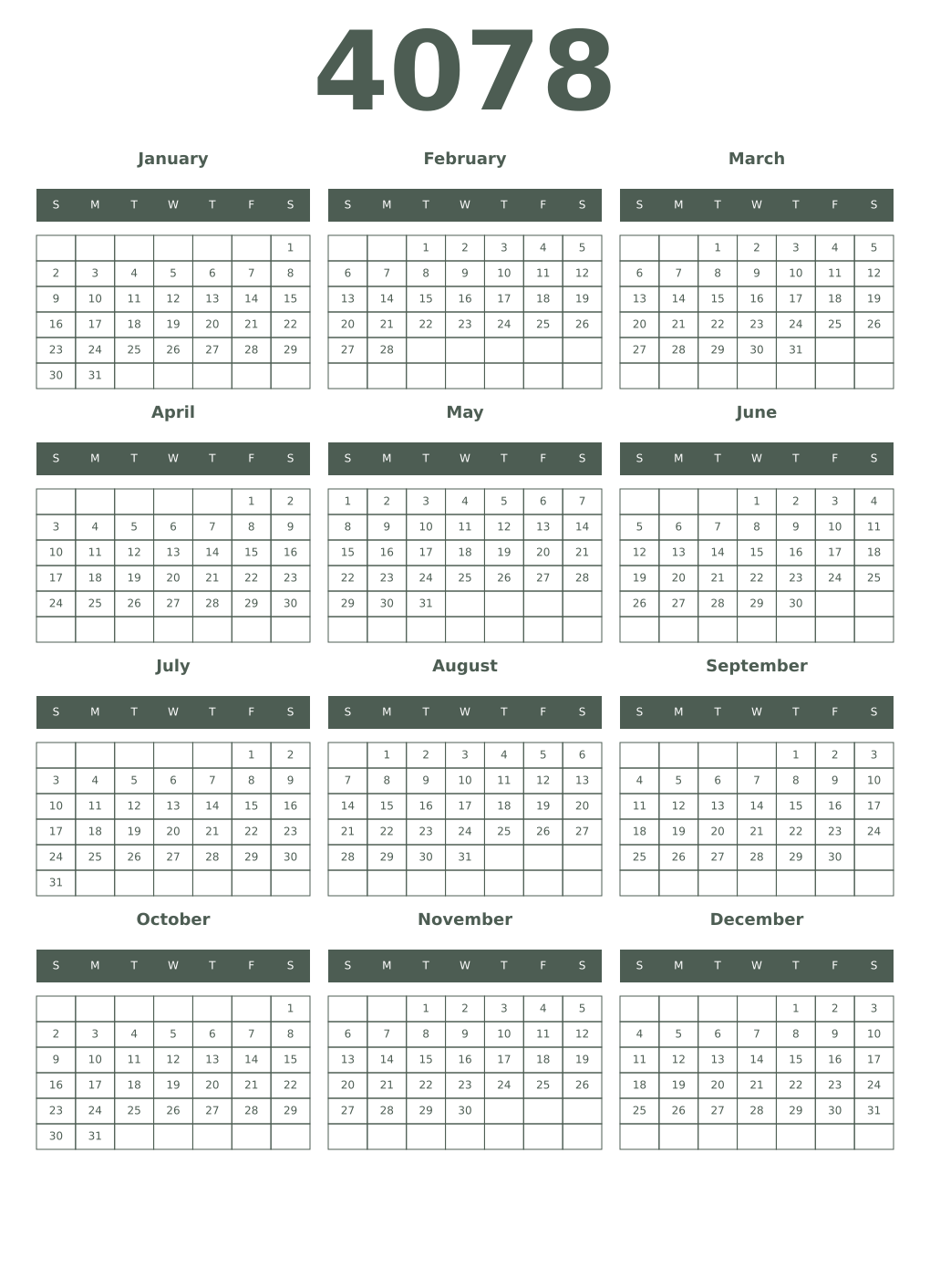 Printable 4078 Year Calendars feldgrau