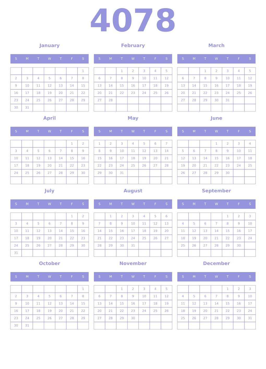 Printable 4078 Year Calendars periwinkle
