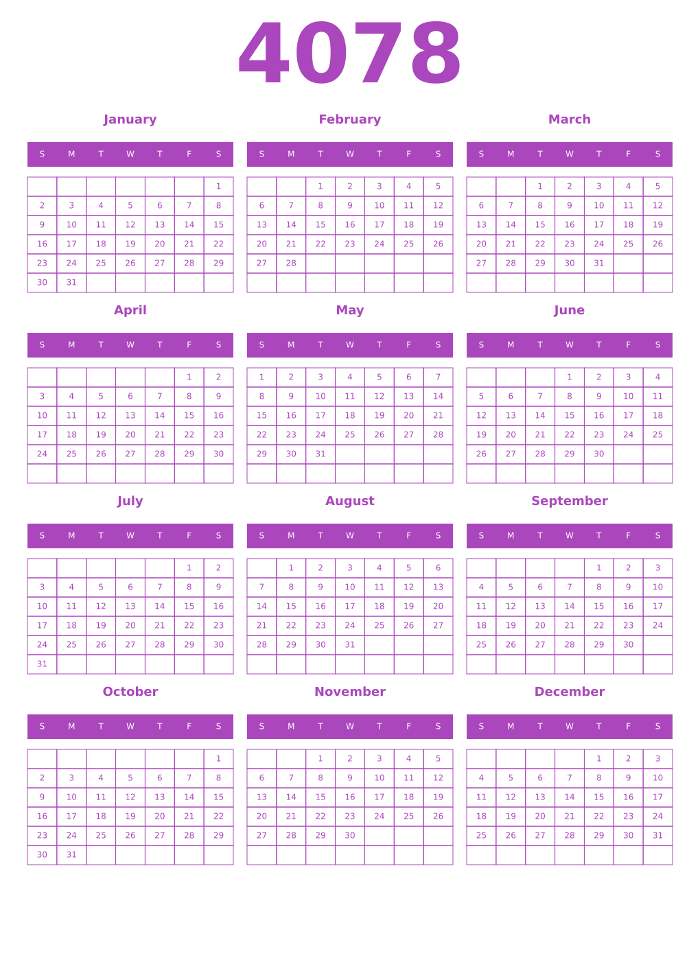 Printable 4078 Year Calendars purple